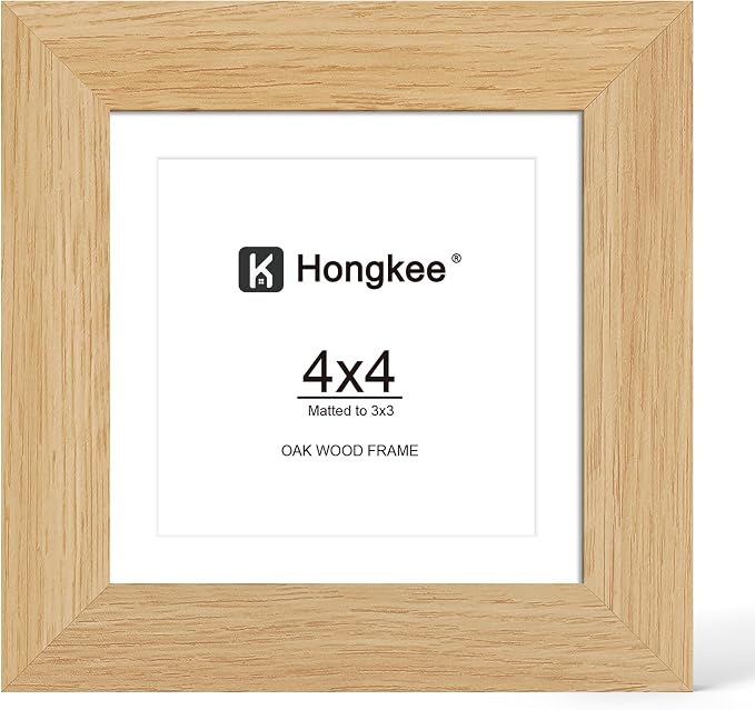 Hongkee 4x4 Oak Wood Picture Frame 1 Pack(Matted 3x3) with Real Glass Cover | Natural, 4 x 4 Solid Wood Frame for Wall or Tabletop Display - Includes Easel Back, Vertical Hang - Ideal for Home, Office