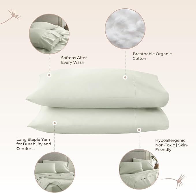 100% Organic Cotton Pillow Cases Queen Size Set of 2-100% Cotton Pillowcases GOTS Certified 300 Thread Count - Naturally Cooling Comfortable Breathable & Soft Pillow Cases (Pastel Green, Queen)
