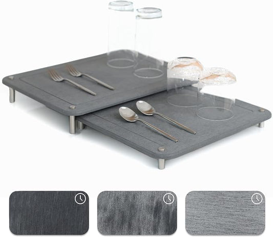 2 PCs Nesting Stone Dish Drying Mats for Kitchen Counter - Absorbent Quick Drying Diatomaceous Earth Stone Drying Mat with Non-Slip Feet - Heat Resistant & Odorless Dish Drying Stone Mat - Gray Solid