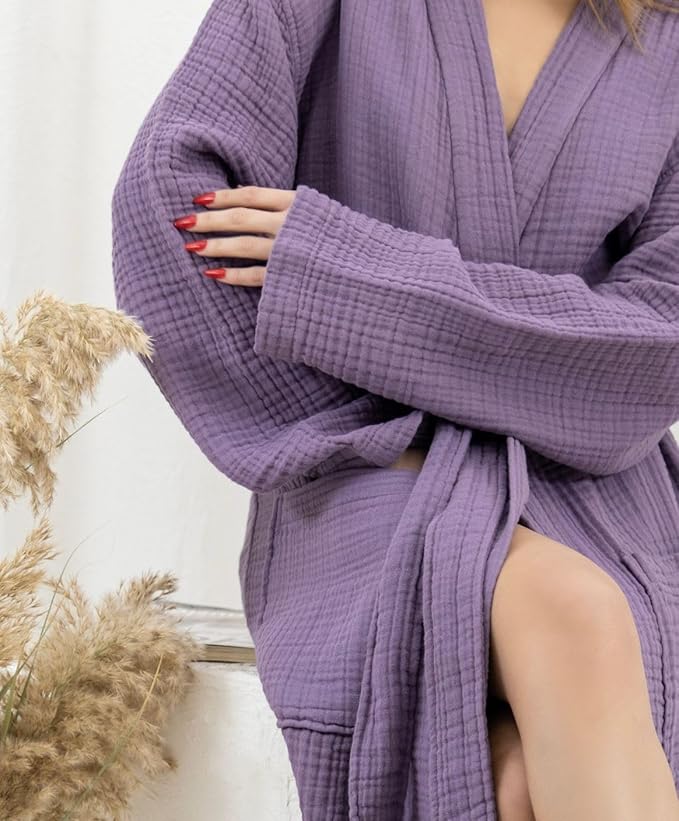 100% Cotton Muslin Kimono Robe for Women, Lightweight Gauze Bathrobe, Soft Breathable Spa Robe