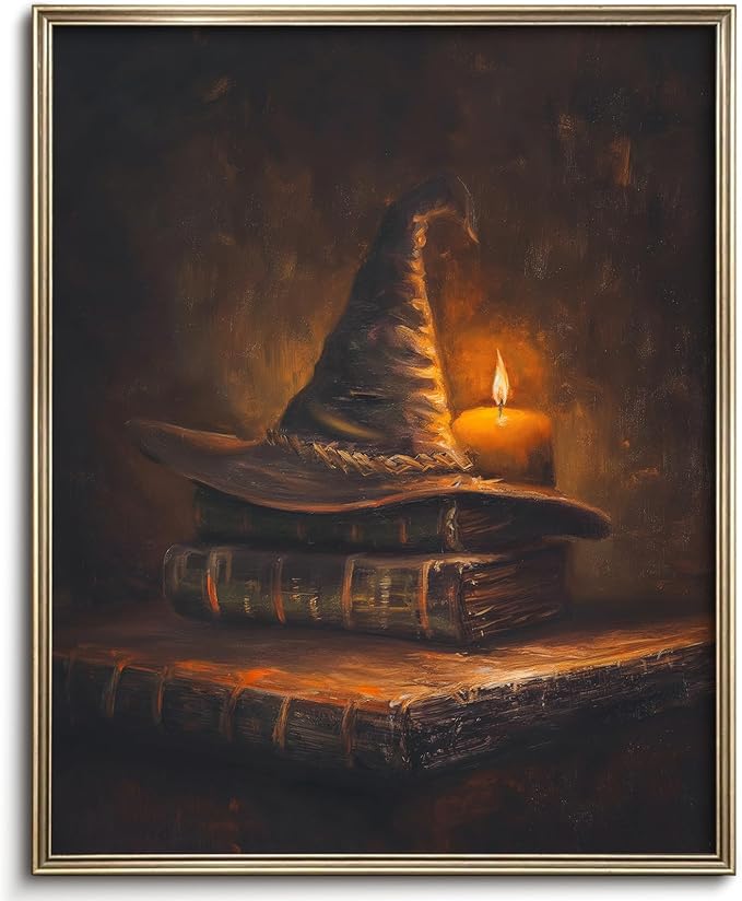 Retro Halloween Witch Hat with Magic Book Wall Art: Gloomy Witch Hat and Old book Horror Canvas Poster Suitable for Halloween Wall Decorations Dark Academic Style Witch Spell Book Print Suitable for Galleries, Living Rooms, Bedrooms (Frameless 8x10 inc...