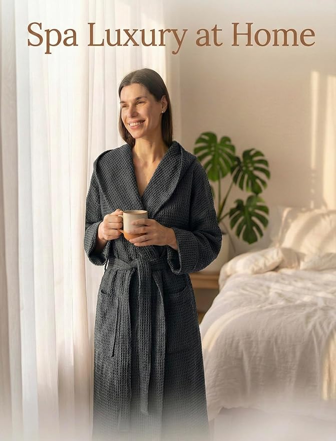 Magic Linen - Unisex Waffle Bathrobe, Hooded Linen-cotton Blend Bath Robe, Lightweight Robe for Women and Men