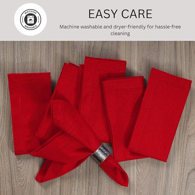 Hemstitch Cloth Dinner Napkins 100% Cotton Set of 12 - for Dining Special Occasions Weddings Parties Holidays Easter - Soft Durable Reusable - Elegant 18x18 Inch Table Cloth Napkins Red