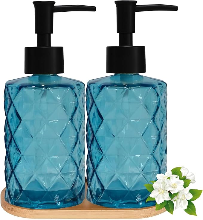 Glass Hand and Dish Soap Dispenser Set of 2 with Plastic Pumps, Bamboo Tray, 12oz Blue Bathroom Soap Dispenser with Diamond for Hand Wash & Dish Wash, Ideal for Bathroom Kitchen Countertop