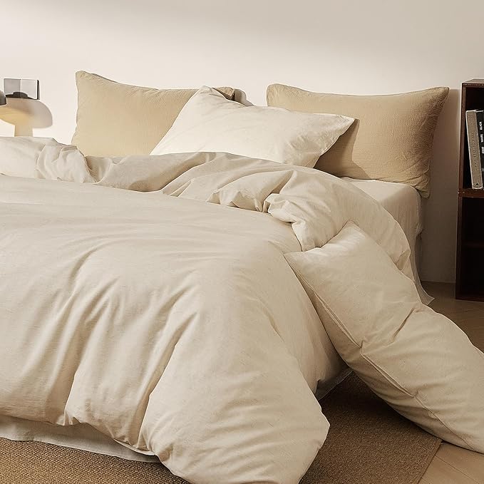 mixinni 3 Piece Washed Cotton Linen Blend Duvet Cover Set Queen Size, Soft Breathable Farmhouse Beige Neutral Solid Duvet Cover with Natural Linen Texture, 90x90 inches with 2 Pillowcases