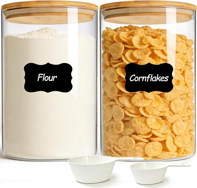 ComSaf Flour Sugar Storage Containers 4 Qt, 2 Pack Glass Flour Container | 26.6cm/10.5in Tall, 128oz/1 Gallon Large Glass Storage Containers, 15cm/5.9in Extra Wide Mouth, 4.6lb Flour Jar, BPA Free