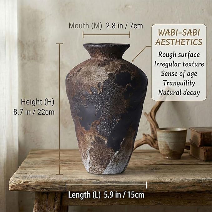 Wabi Sabi Decor Rusty Vintage Vase - 8.7" Tall Rustic Farmhouse Wabi Sabi Vase for Centerpiece, Pottery Stone Flower Vases for Home Decor, Table, Living Room, Bedroom, Bathroom, Kitchen (Smoky Earth)