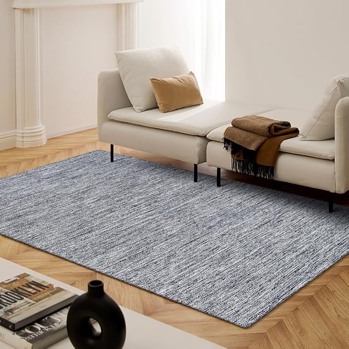 Hand Woven Area Rug 4x6 Feet - Rustic Farmhouse Bohemian Accent Rug for Living Room Bedroom Kitchen Entryway Floor Mats - Ideal for High Traffic Areas 100% Cotton Rag Rug Blue
