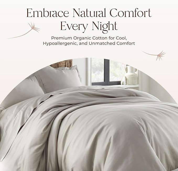 100% Organic Cotton Duvet Cover Queen Size - Naturally Soft Lightweight & Cooling Duvet Cover Set with Decorative Shams - Premium GOTS Certified 300 Thread Count Sateen Weave (Pewter, Queen)