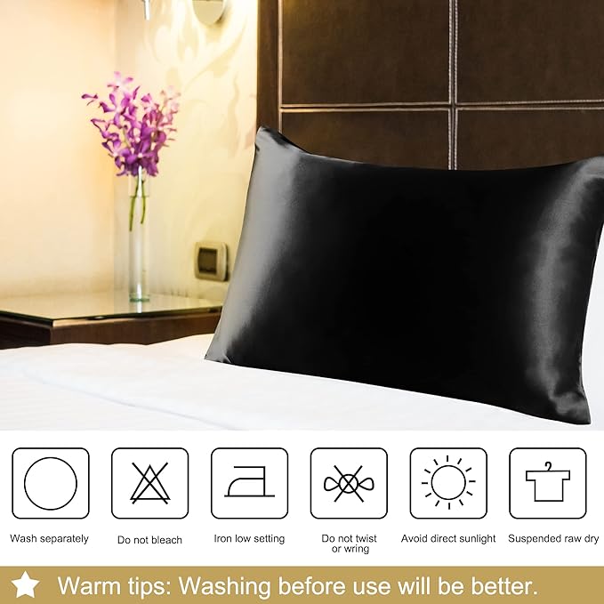 uxcell 1 Pack 100% Charmeuse Pure Silk Pillowcase for Hair and Skin, 350TC 19 Momme Soft Breathable Pillow Case with Hidden Zipper, Black King(20x36inch)