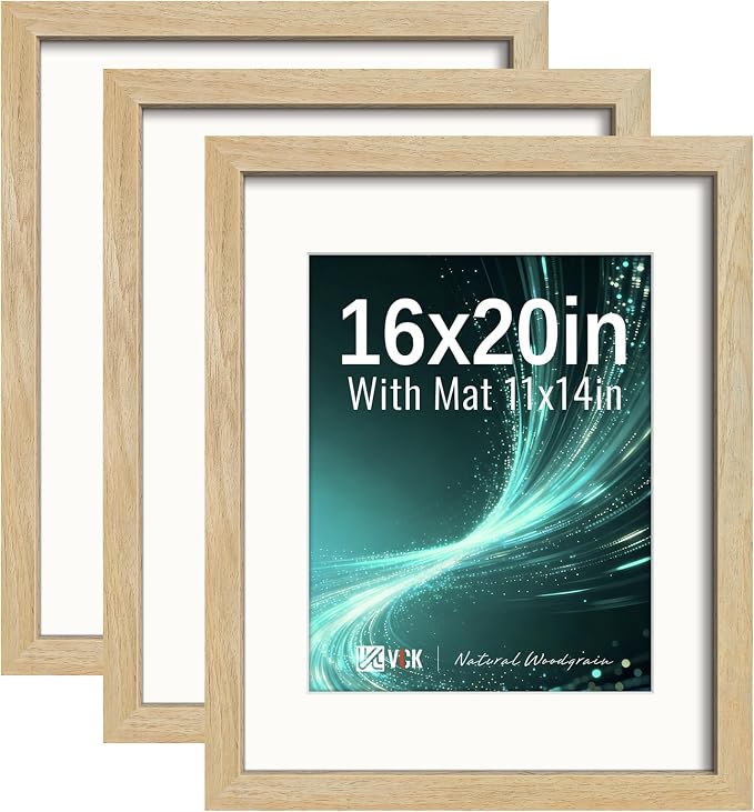 VCK 16x20 Picture Frames Natural - 3 Pack, Wide Border Solid Wood, Tempered Glass, Display 11x14 Photo with Mat or 16 x 20 Without, for Home, Office, Gallery, Woodgrain Series, Wall Hanging