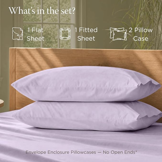 Threadmill Premium Organic Cotton Sheets - GOTS Certified - California King, 4 Piece, Lilac - Healthy Bedding for All Types of Skin - Soft and Cool Bedset with Snug Fit for 16" Deep Pocket
