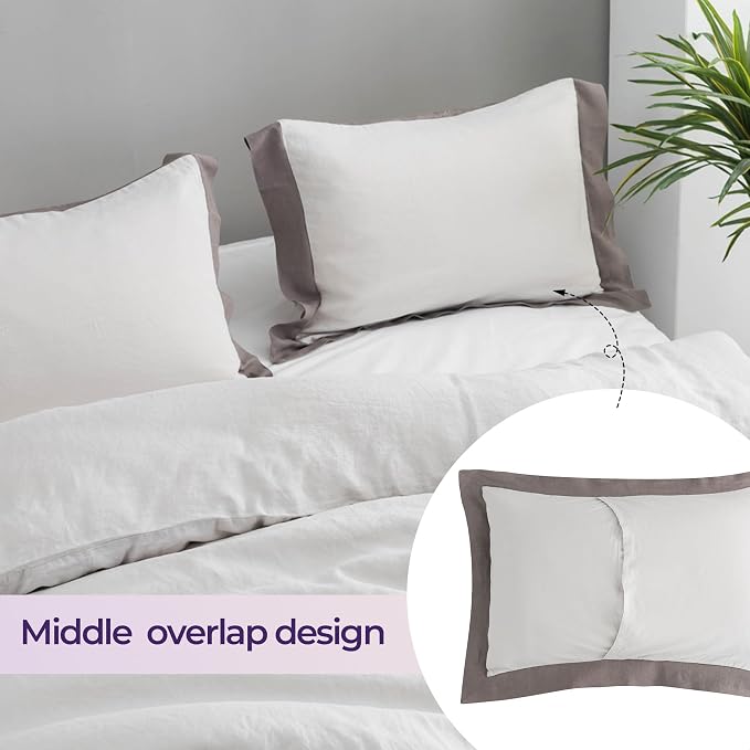 Simple&Opulence 100% Linen Duvet Cover Set with Washed French Flax-Full Size(78"x 86")- 3 Pieces (1 Comforter Cover,2 Pillowshams) Basic Border Design Premium Bedding Set Breathable,Grey and Brown
