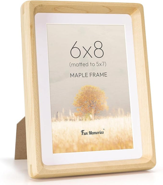 Fun Memories 6x8 Picture Frame, USA-Sourced Maple Wood Photo Frames with HD Tempered Glass, Handcrafted Rounded Corner 6 x 8 Wooden Frames Matted to 5x7 Photos, 6x8 Frame, Tabletop or Wall Display