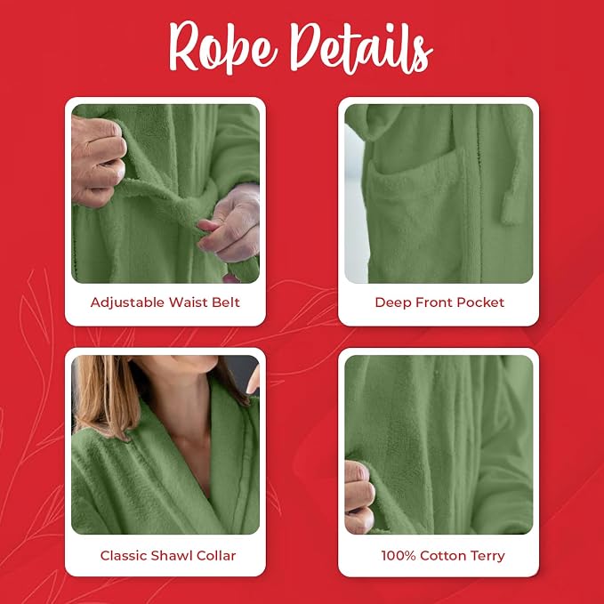 RIVERSIDE Premium 100% Cotton Terry Bathrobe For Women and Men - Soft Towel Robes with Shawl Collar Ajdustable Belt & Pockets