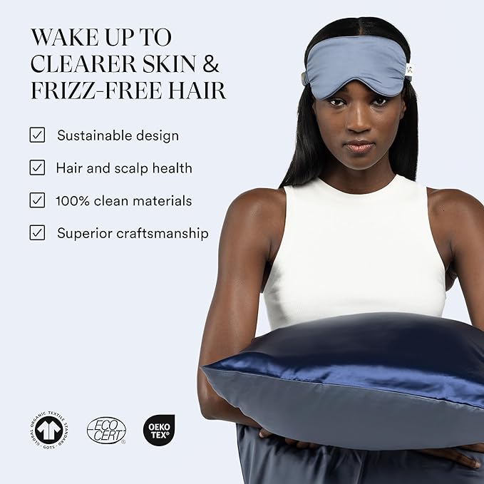 Clementine Sleepwear Essentials Organic Queen Size Pillowcase Blue Lagoon | Two-Tone Bamboo and Silver Ion Silk for Acne-Prone Skin, Anti-Aging, and Hydrated Hair and Skin