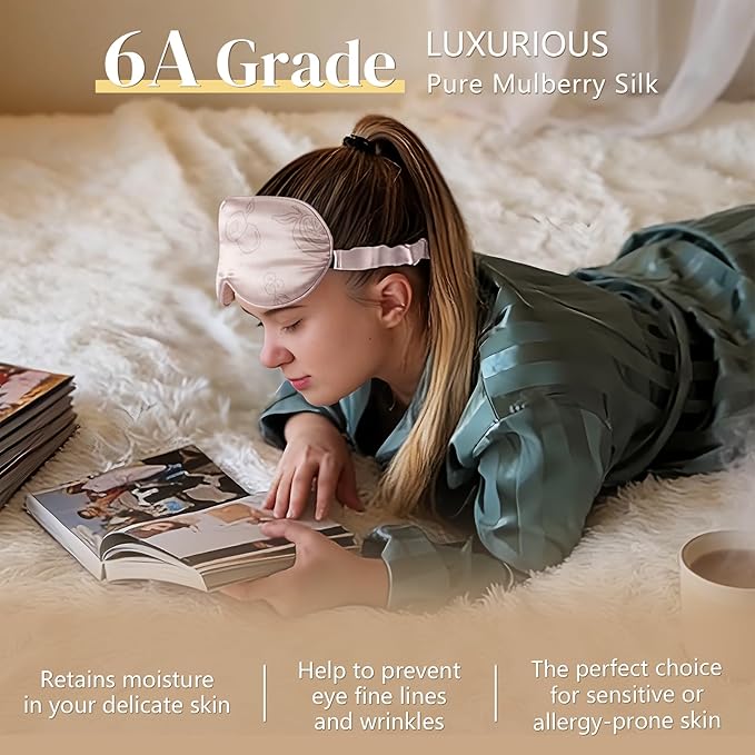 ZIMASILK 22 Momme 100% Mulberry Silk Sleep Mask, 3D Contoured Cup Eye mask Blindfold, Super Soft & Comfortable Sleep Eye Mask for Sleeping(Pink - Fruit Line Art)