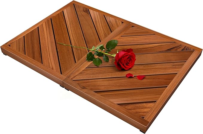 Teak Wood Bath Mat for Bathroom - (24.4" x 16.5") Non Slip Wooden Shower Mat Floor Sturdy Mats for Outside Inside Shower Luxury Spa Home or Outdoor