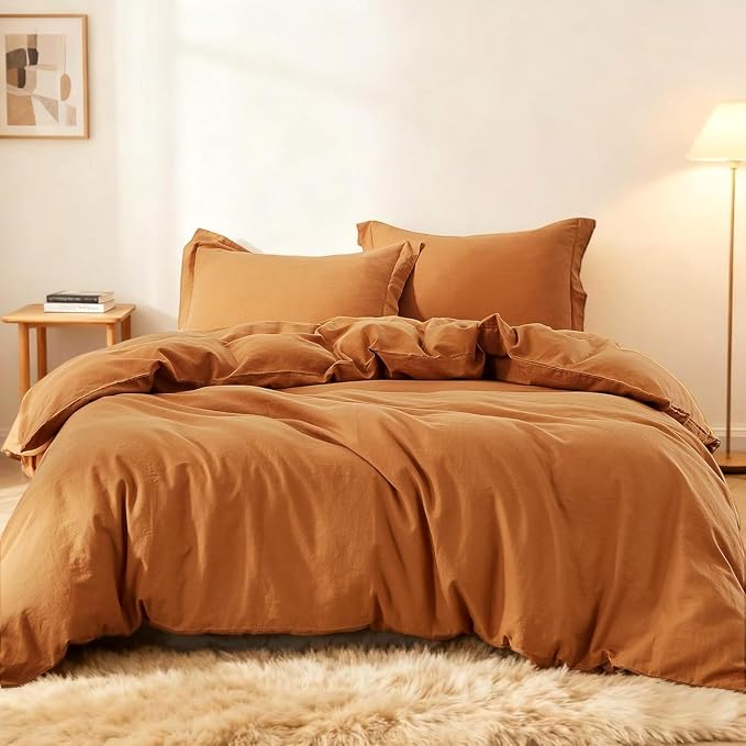 Simple&Opulence French Linen Duvet Cover Set - Natural Flax Cotton Blend Solid Color Breathable Farmhouse Bedding-Rust,California King