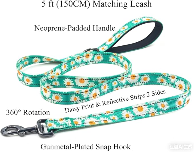 Dog Collar Leash Set, Floral Pattern, with Safety Reflective Strips, 5 ft Matching Leash, Neoprene Padded Handle, Adjustable 4 Sizes for Small Medium Large Dogs.(S, Green Daisy)