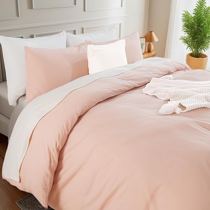 NEXHOME PRO Duvet Cover Set Queen Size Linen Feel Textured Organic Natural 100% Washed Cotton Duvet Cover 3 Pieces Bedding Set with Zipper Closure, Breathable Dusty Pink (No Comforter)