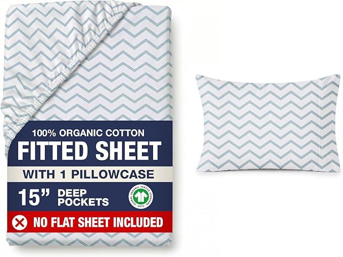 LANE LINEN 100% Organic Cotton Twin XL Fitted Sheet, 2-Piece Set (1 Fitted Sheet, 1 Pillowcase), Percale Weave, Lightweight, Soft, Breathable, Fits Mattress Upto 15' Deep - Cool Blue Chevron