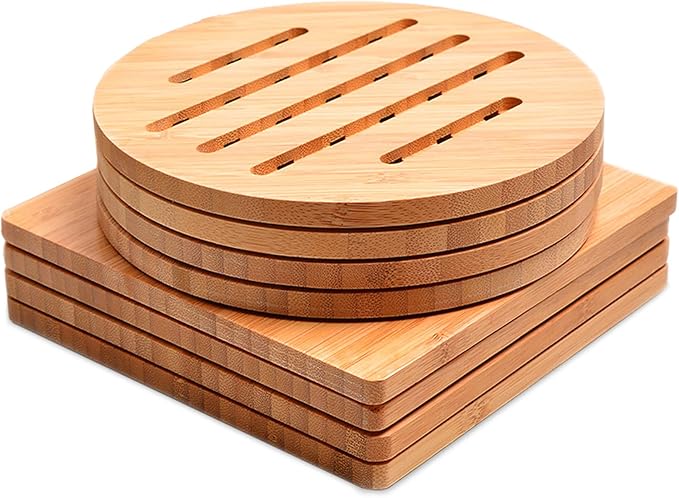 Bamboo Trivet,Hot Pads Trivet Natural Mat Set for Hot Dishes/Bowl/Teapot/Hot Pot Holders 4 Square 4 Roundness 2 Storage rackden