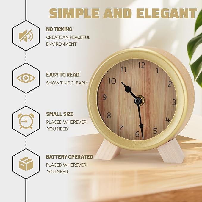 Maxspace Wooden Analog Clock, Small Silent Bedside Desk Clock Battery Operated, Elegant and Decorative Table Clock with Wooden Frame for Living Room, Bedroom, Bedside, Desk (Gold)