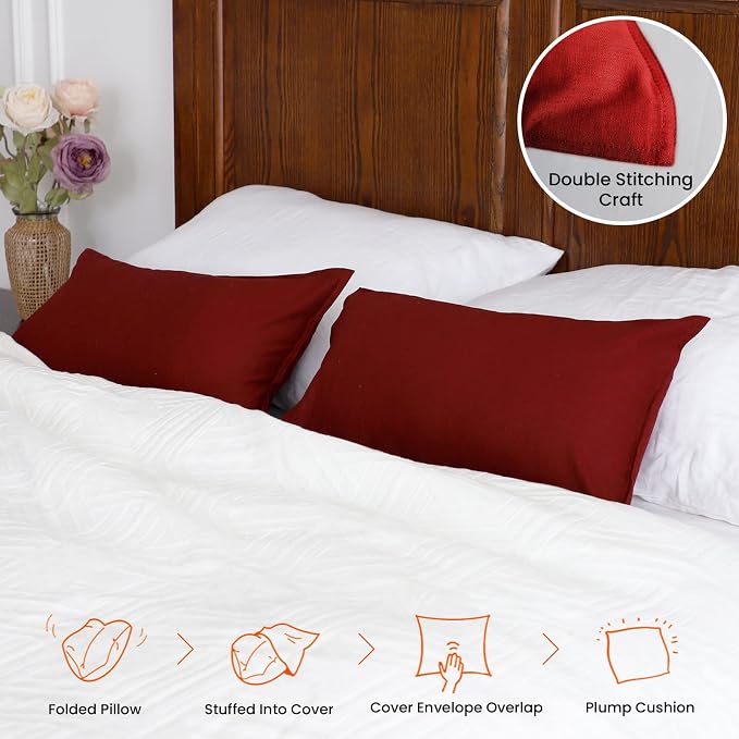 Simple&Opulence Linen Lumbar Pillow Covers 12x20 Inch Set of 2 Flax Cotton Blend Rectangular Decorative Throw Cushion Cover for Couch Sofa Bedroom Office Soft Breathable Farmhouse - Burgundy Red
