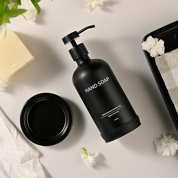 Glass Soap Dispenser Bathroom Set by Janxin, Foaming Kitchen soap Dispenser with Ceramic Tray for Dish Soap, Liquid Soap Dispenser for Hand Soap, Lotion, Body Wash (Black)