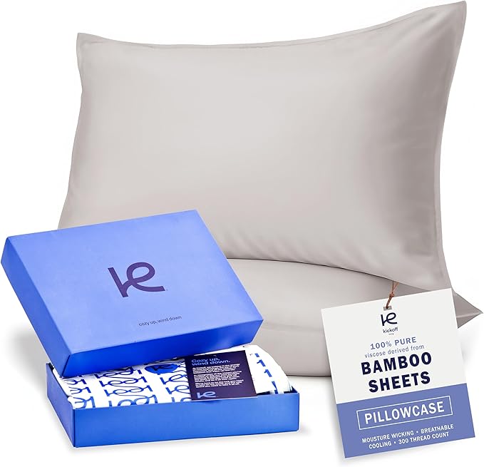 Kickoff Viscose Bamboo Pillowcase, King, Set of 2, 100% Organic Hidden Zippered Viscose Bamboo Pillow Case King Size, Cooling Pillow Cover for Hot Sleepers (20"x40", Dove Grey)