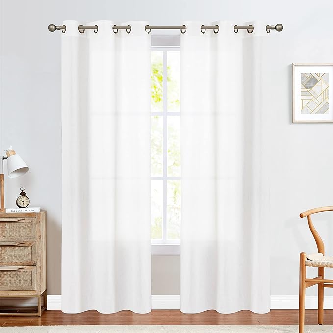 jinchan Linen Curtains for Living Room White Drapes 84 Inch Length 2 Panels Set, Farmhouse Light Filtering Grommet Curtains for Bedroom Light Weight Semi Sheer Narrow Window Drapes 2 Panels W38 x L84