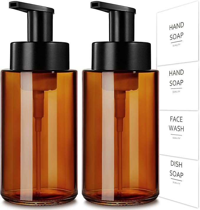 RYTOXILO Amber Foam Soap Dispenser, 10 oz/300ml Glass Foaming Soap Dispenser, 2 Pcs Foaming Hand Dispenser for Bathroom & Kitchen, Refillable Bottle with Waterproof Labels