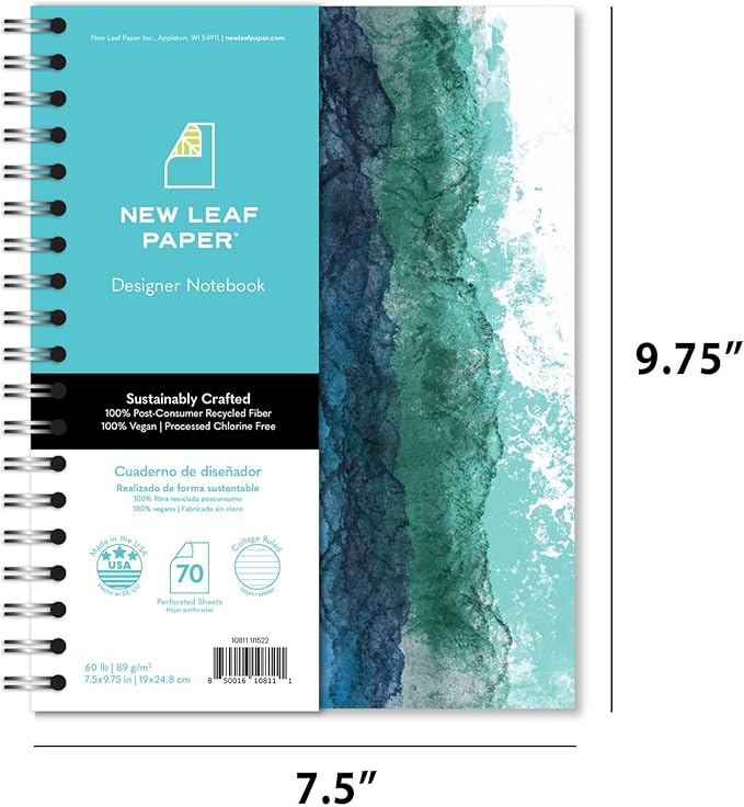 Small Spiral Bound Recycled Notebook, Watercolor Design, 9.75" x 7.5", 70 Sheets, Double-Wire, College Ruled, Vegan, Made in USA