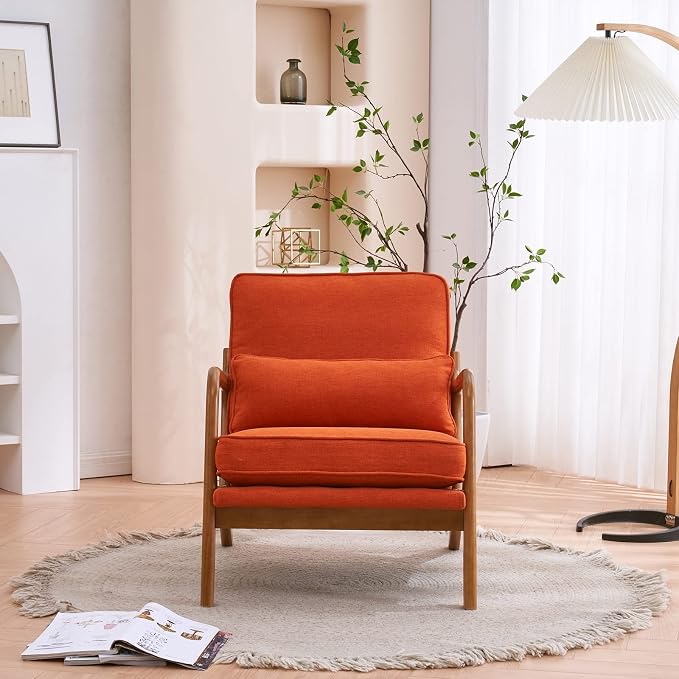 Karl home Mid-Century Modern Accent Reading Chair, Burnt Orange | Linen Upholstered, Solid Wood Frame, Soft Cushion, Lumbar Pillow, Lounge Armchair for Living Room, Bedroom, Balcony, Study