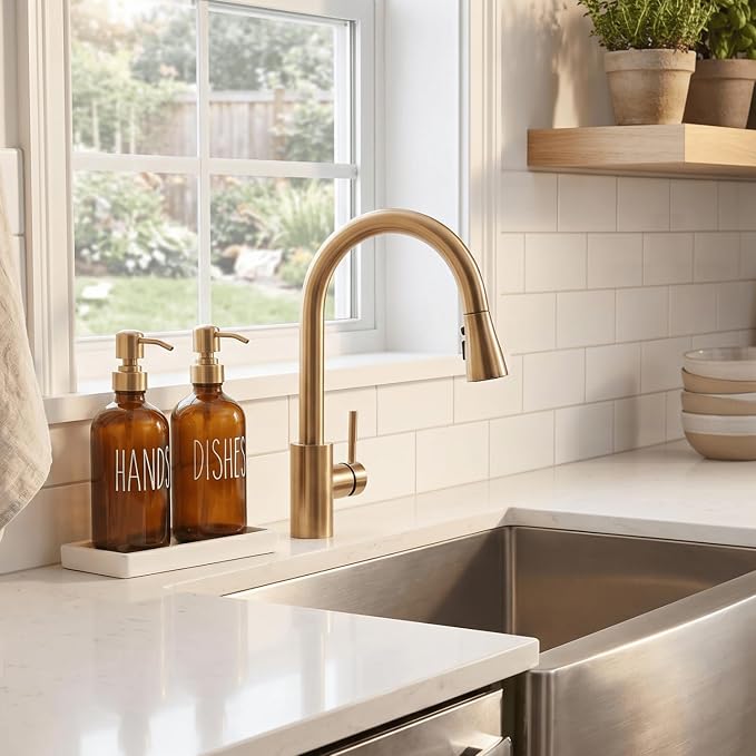 MOMEEMO Amber Glass Soap Dispenser Set, Dish and Hand Soap Dispenser Set with Ceramic Tray, Suitable for Kitchen Counter Decor. (Amber & Gold)