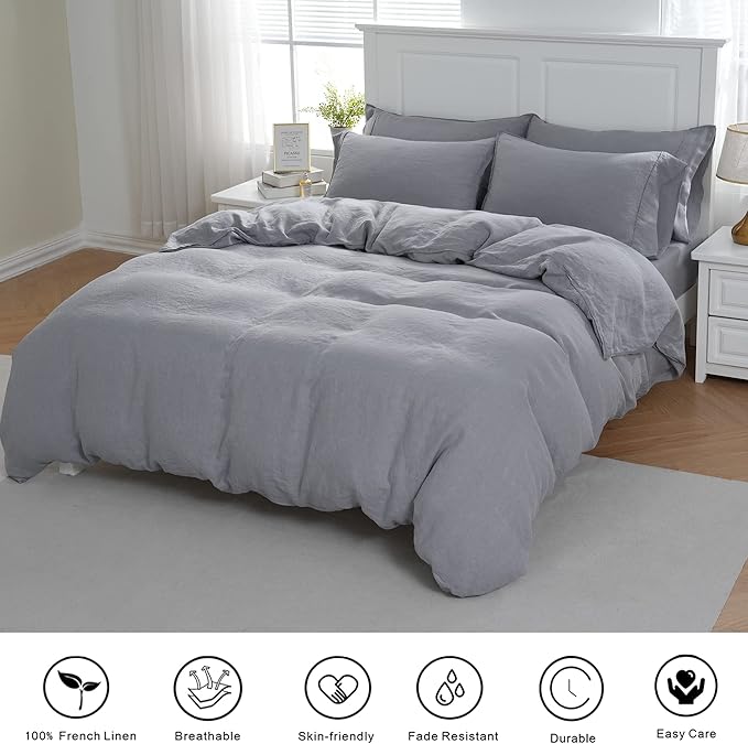 S VICTORY SYMBOL 100% Organic Linen Duvet Cover Set King Size 3pcs,Natural French Washed Flax Bedding(1 Duvet Cover &2 Pillowcases) Buttons Closure(Light Grey)