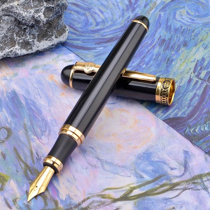 Lanxivi Duke D2 Fountain Pen Black Gold Trim Fine Nib with Additional Fude Nib (Bent Nib) and Converter Calligraphy Art Pen Set