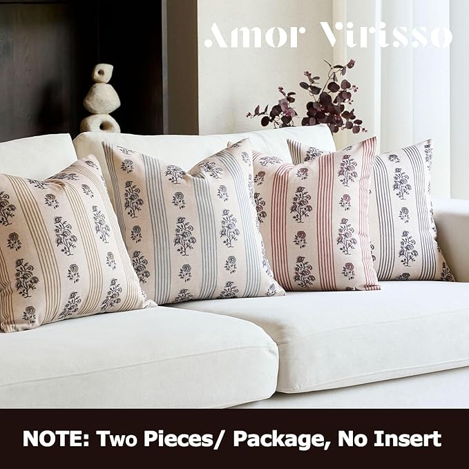 Amor Virisso Floral Throw Pillow Covers 20x20 Set of 2 Block Print Pillow Covers Neutral Floral Striped Farmhouse Decorative Pillow Covers for Sofa Couch Bed, Yellow
