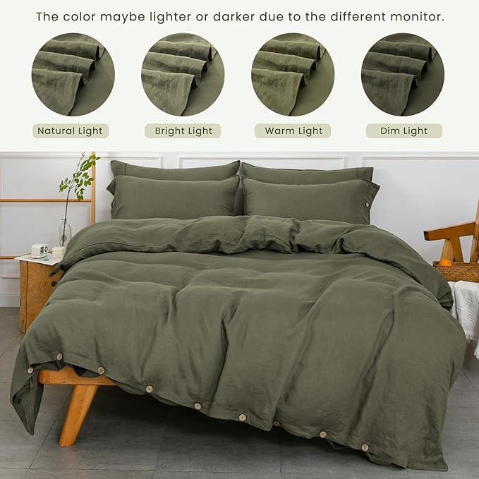 S VICTORY SYMBOL 100% Organic Linen Duvet Cover Set 3PCS Queen Size,Stone Washed French Flax Bedding,1 Comforter Cover and 2 Pillowcases Bedding Set(Burnt Olive)