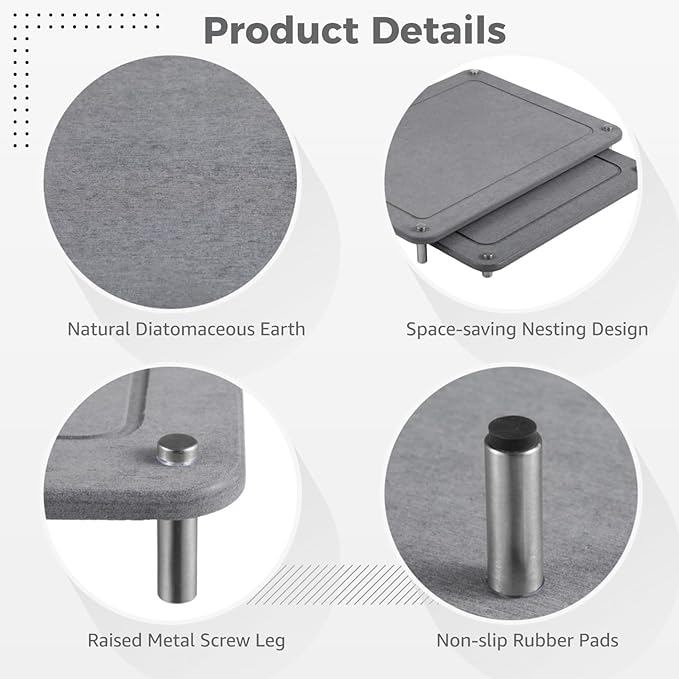 2 Pcs Stone Dish Drying Mats, Nesting Quick Drying Diatomaceous Earth Mats, Self-Absorbent Dish Mats with Non-Slip Feet & Sanding Tools, Stone Dish Racks for Kitchen Counter