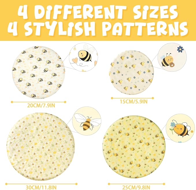 Reusable Beeswax Bowl Covers 4-Pack (6″ 8″ 10″ 12″), Elastic Cotton Food Storage Covers for Bread Proofing, Sourdough Dough & Containers