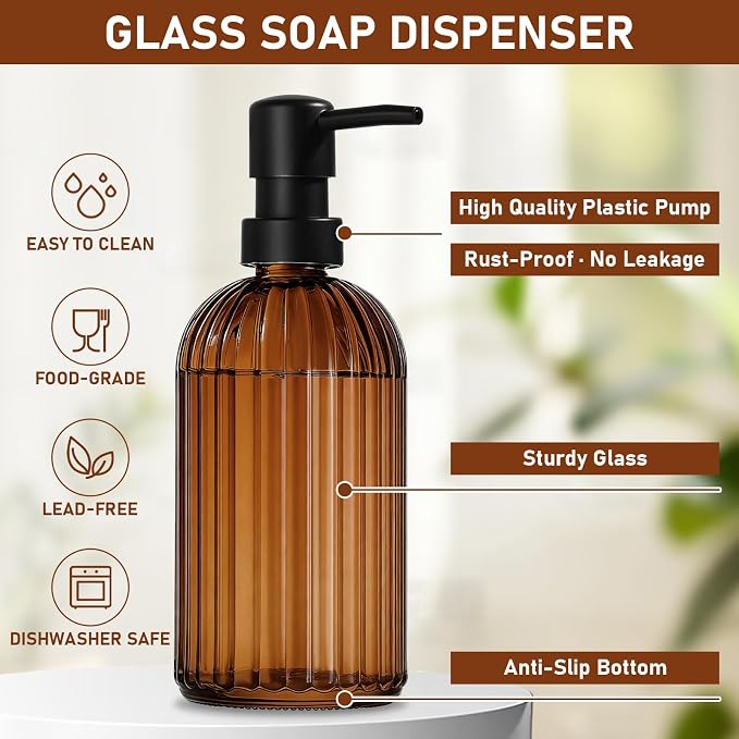 Kitchen Soap Dispenser Set, 14.4 oz/425 ml Hand and Dish Soap Dispenser Set, Dish Soap Dispenser with Sponge Holder & Diatomite Tray, for Countertop Organizer, Amber