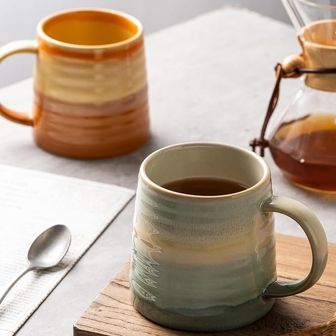 15.5 Oz Large Reactive Glaze Ceramic Mug, Heavy Weighted Stoneware Coffee Cup, Wide Base, Thick Wall Big Tea Cup with Custom Package Box, Microwave & Dishwasher Safe (Dusty Green)