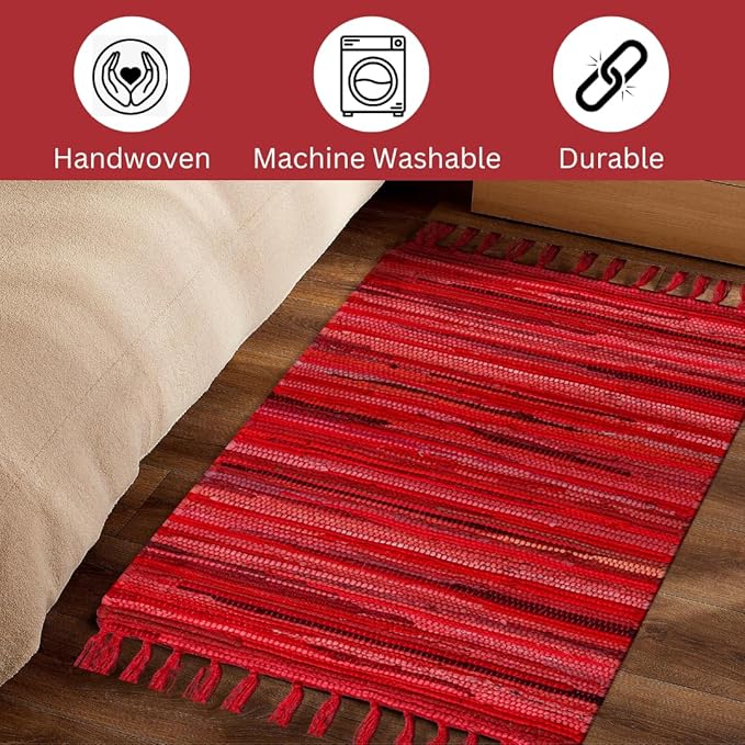Cotton Chindi Rug - Boho Rustic Area Accent Throw Rug - Area Floor Carpet for Bedroom Living Room Kitchen Dorm Entryway Hallway - 20x32 inch Hand Woven Reversible Area Rug Red Multi