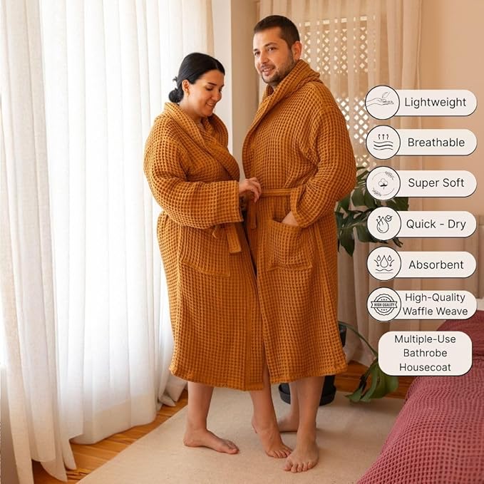 Unisex Hooded Waffle Robe for Women & Men 100% Turkish Cotton | Quick-Dry Bathrobe | Cozy Housecoat for Lounging