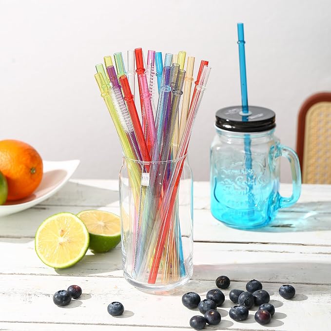25 Pieces Reusable Plastic Straws with 2 Cleaning Brushes, BPA-Free 10.5" Long 0.29" Diameter, Colorful Drinking Straws for 16-32 oz Tumblers and Mason Jars, Travel Cups & Outdoor Use