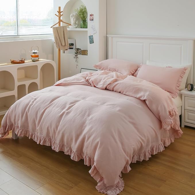 Simple&Opulence 100% Linen Duvet Cover Set, 3 PCS Natural French Flax Blush Pink Ruffle Duvet Cover Full Size, Breathable Comfy Linen Bedding Comforter Cover with 2 Pillowcases (Blush Pink, 78" X 86")