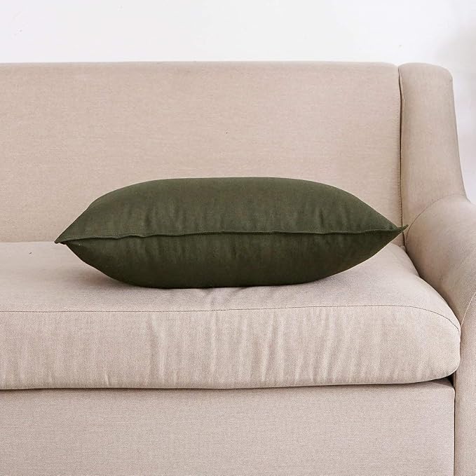 Jeanerlor Cotton Linen Square Decorative Throw Pillow Case Cushion Cover with Twin Needles Stitch on Edge, 12"x20"(30 x 50cm), 2 Pcs, Olive Green