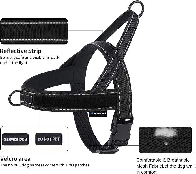 Annchwool No Pull Dog Harness,Heavy Duty Reflective Collar & Leash Set-Leash with Double Handle & Car Seatbelt Clip-Easy Control for Walking Training Medium Large Size Dogs(Black,XL)